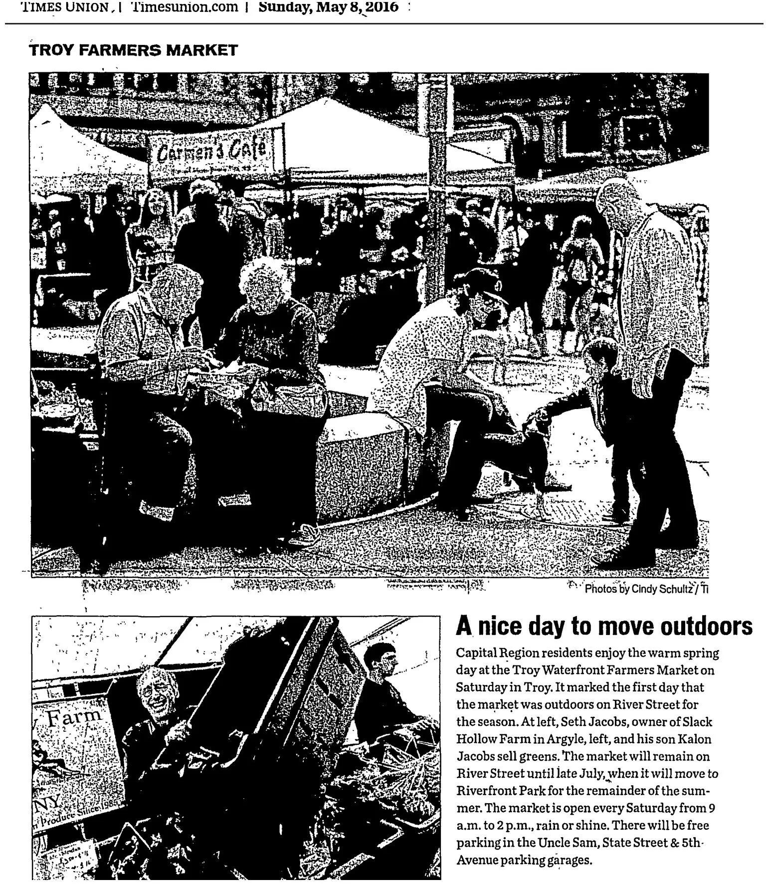 Times Union clipping, May 8, 2016, page C1: "A nice day to move outdoors," a photo feature on the Troy Waterfront Farmers Market's first outdoor Saturday of the season on River Street in Troy.