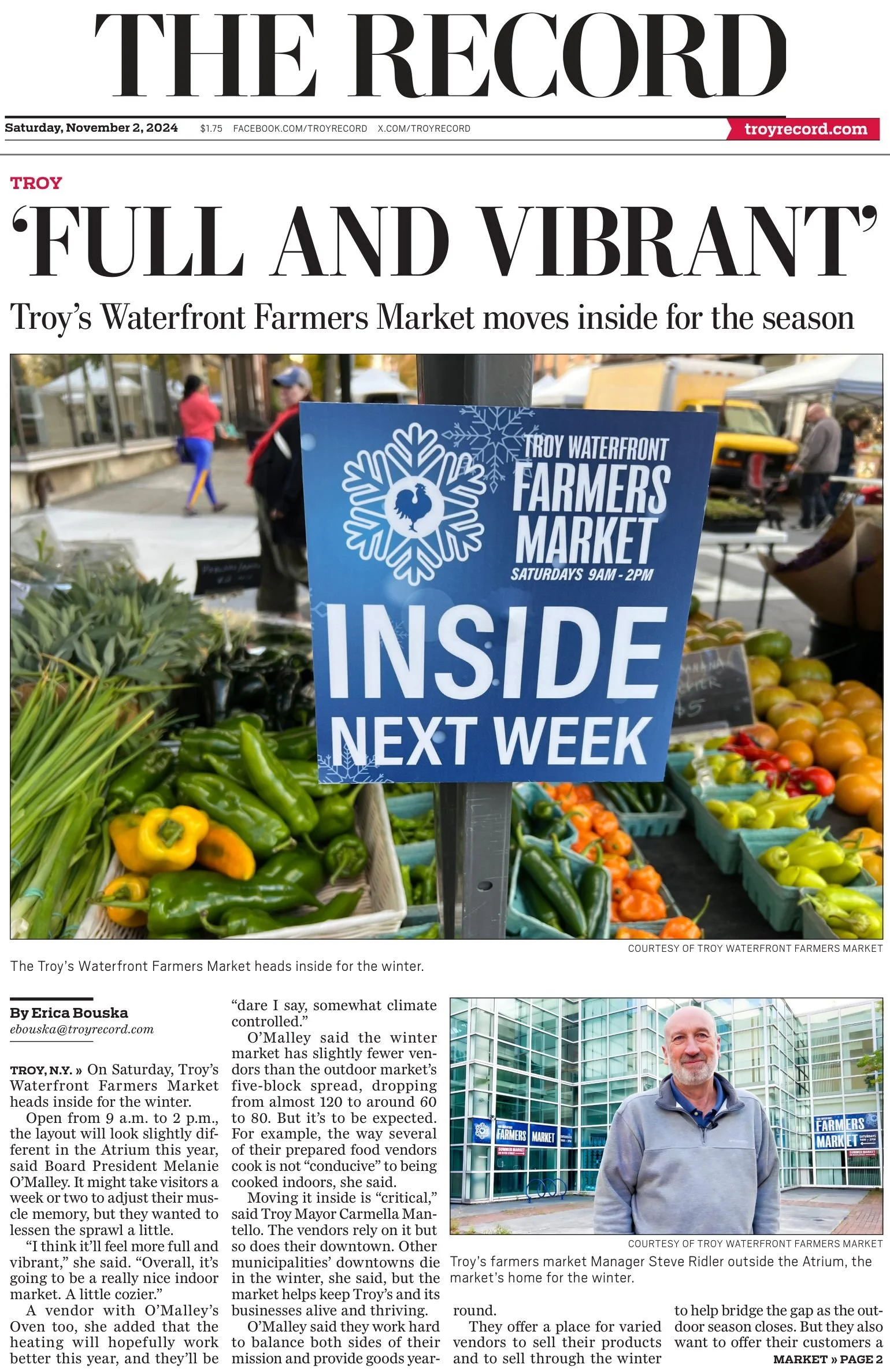 The Record front page, Saturday, Nov. 2, 2024: ‘Full and Vibrant’ by Erica Bouska, with a photo of the market’s “Inside Next Week” sign among produce, and Market Manager Steve Ridler at the Atrium.