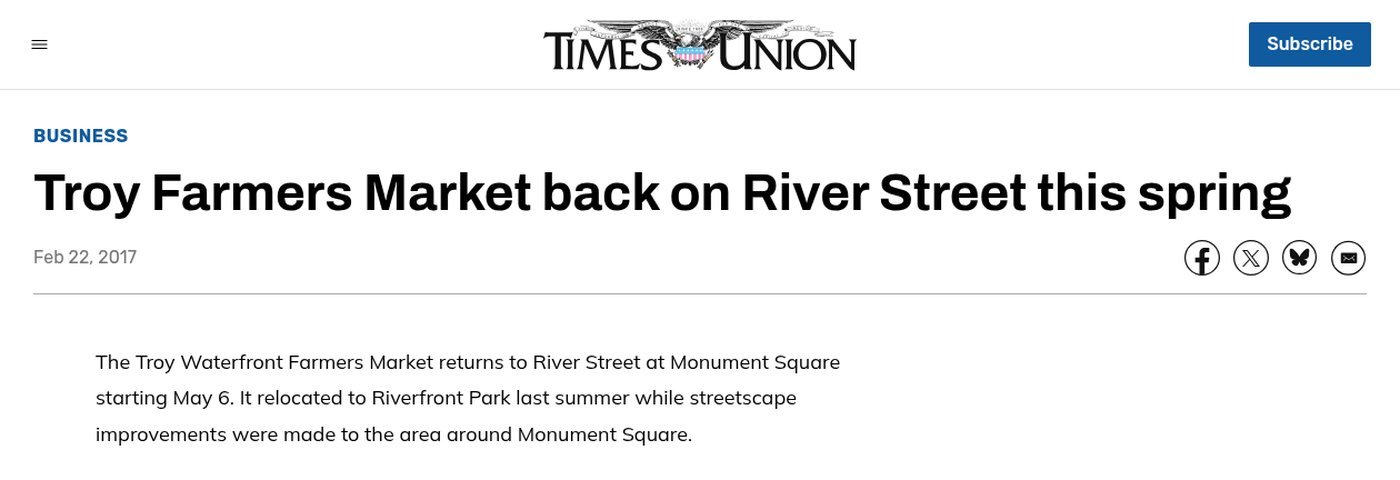 Times Union website, Feb. 22, 2017: ‘Troy Farmers Market back on River Street this spring’ by Eric Anderson