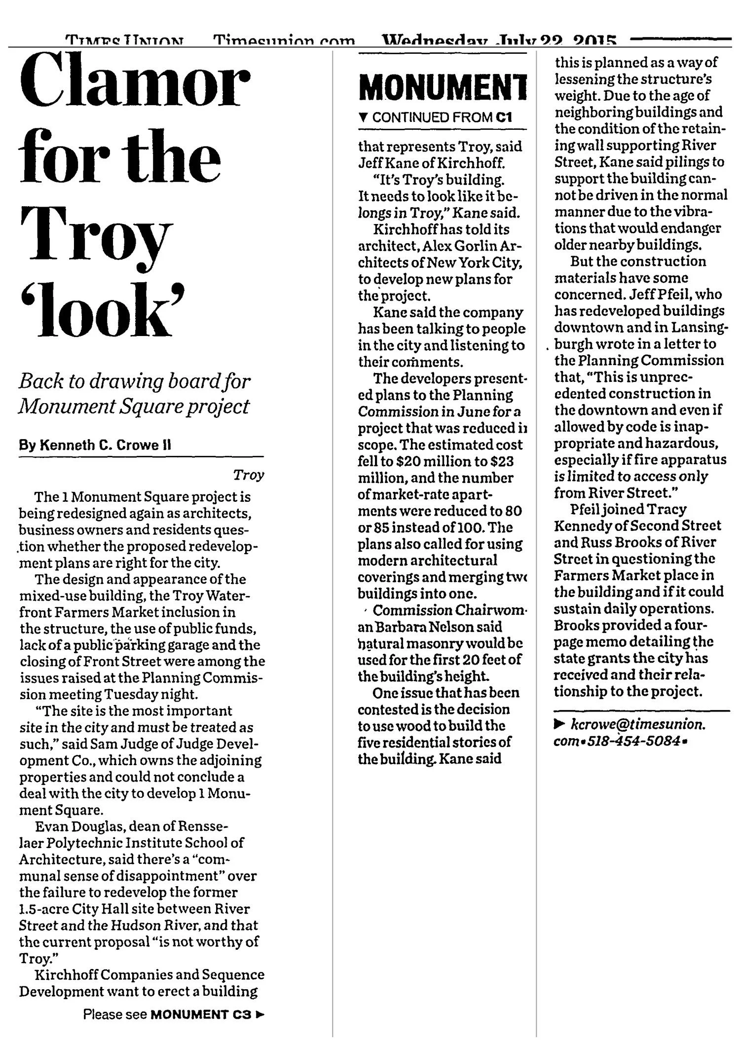 Times Union clipping, July 22, 2015, page C1 (jump to C3): “Clamor for the Troy ‘Look’,” which mentions the Troy Waterfront Farmers Market in Troy.