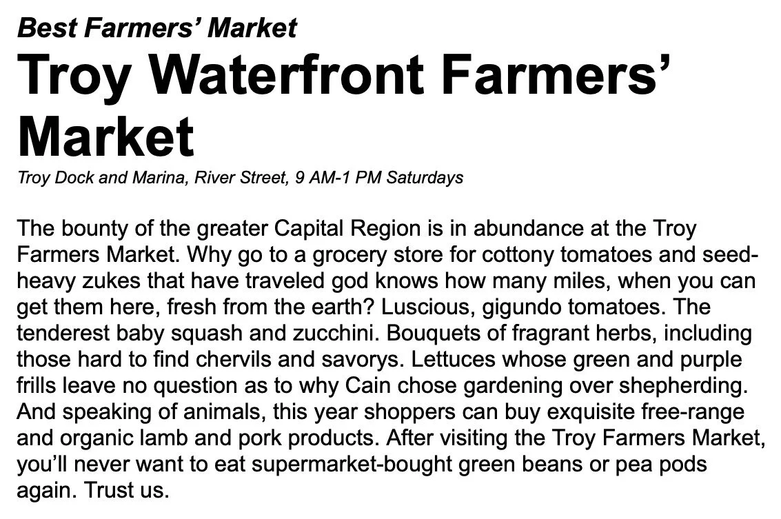 Metroland's archived 2001 website: 'Best Farmers' Market: Troy Waterfront Farmers' Market, Troy Dock and Marina, River Street, 9 AM-1 PM Saturdays,' followed by the staff's write-up praising its tomatoes, herbs, lettuces and meats.