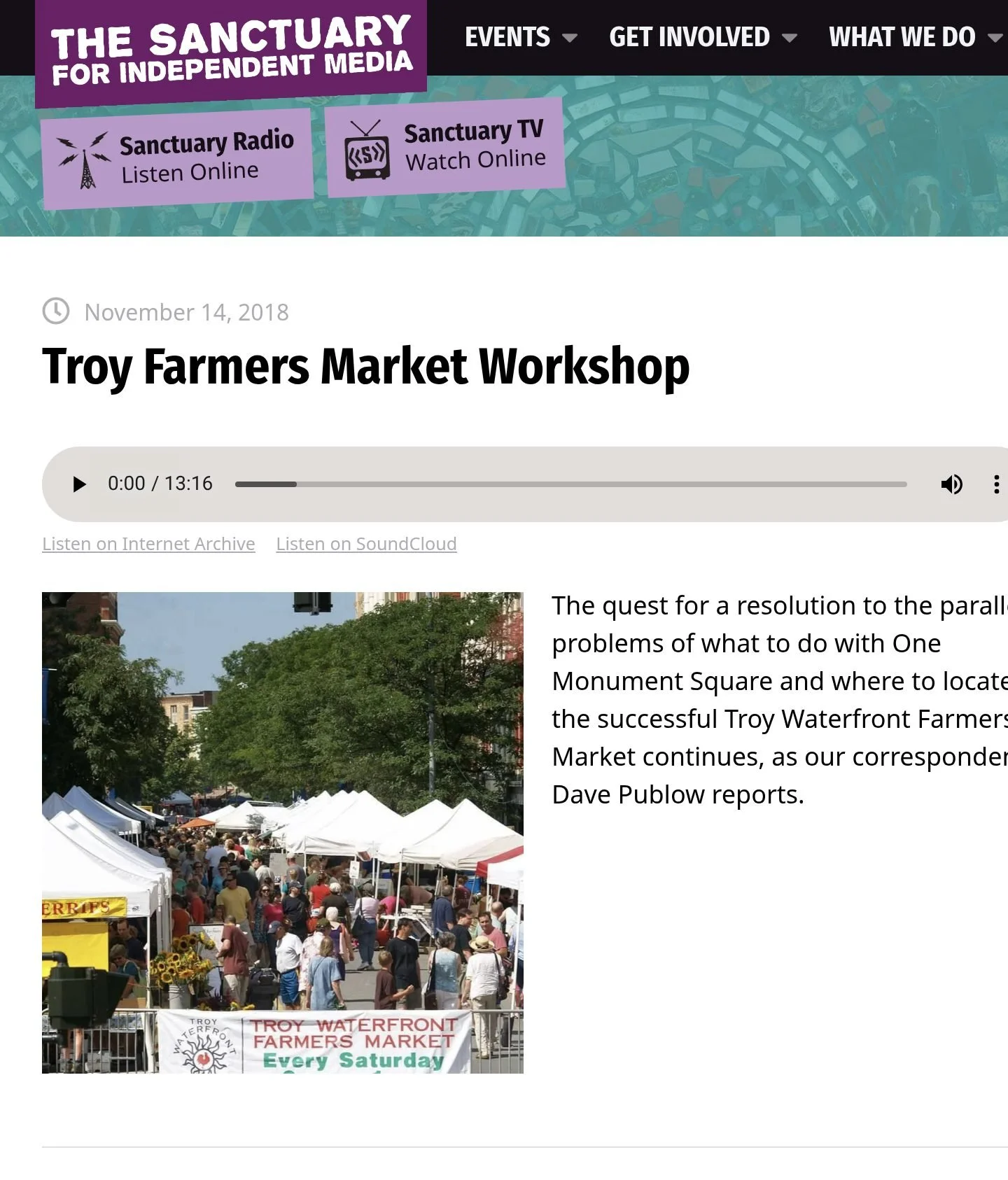 The Sanctuary for Independent Media website, Nov. 14, 2018: ‘Troy Farmers Market Workshop,’ with the story’s audio player (13:16), its artwork and the outlet’s description.