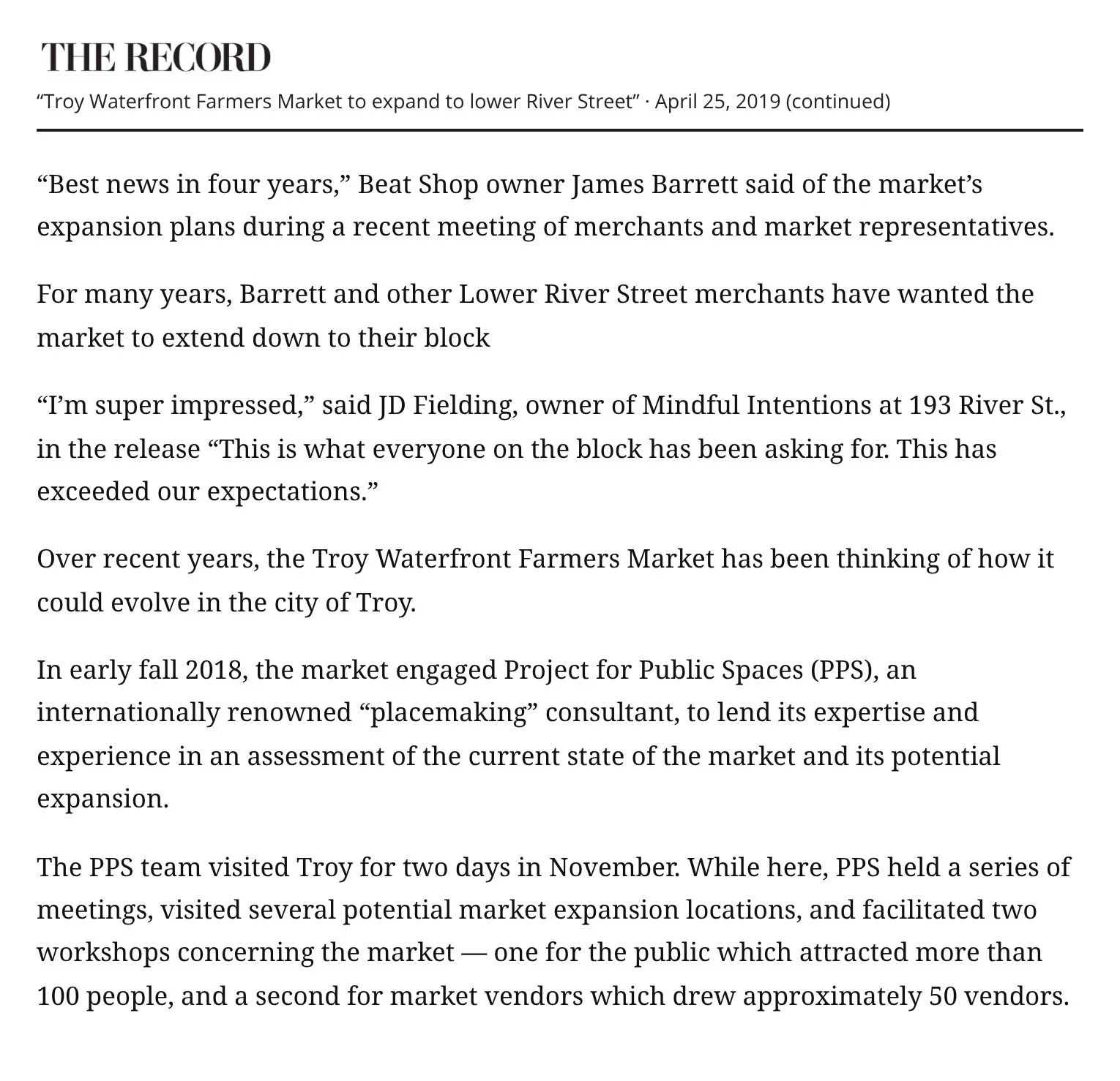 The Record, April 25, 2019, continued: River Street Beat Shop owner James Barrett calls the expansion the 'best news in four years,' with the Project for Public Spaces assessment.