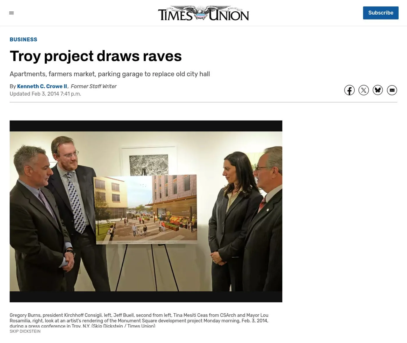 Times Union website, Feb. 3, 2014: ‘Troy project draws raves’ by Kenneth C. Crowe II, with a photo of officials looking at a rendering of the Monument Square project