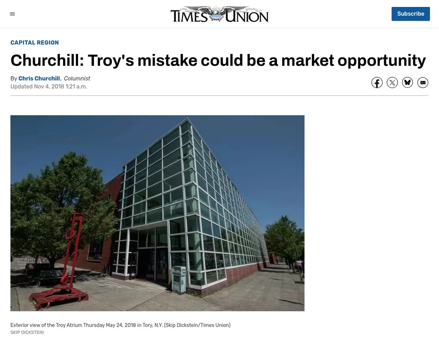 Times Union website, Nov. 3, 2018: ‘Churchill: Troy's mistake could be a market opportunity’ by Chris Churchill