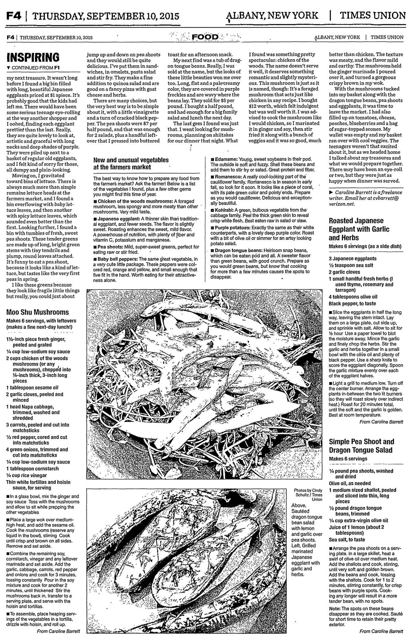 Times Union, Thursday, September 10, 2015, page F4: continuation of “Inspiring ingredients,” with a guide to new and unusual vegetables at the farmers market and recipes for Moo Shu Mushrooms and roasted Japanese eggplant.