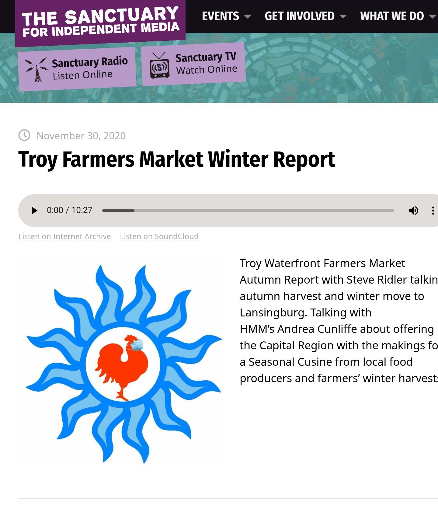 The Sanctuary for Independent Media website, Nov. 30, 2020: ‘Troy Farmers Market Winter Report,’ with the story’s audio player (10:27), its artwork and the outlet’s description.