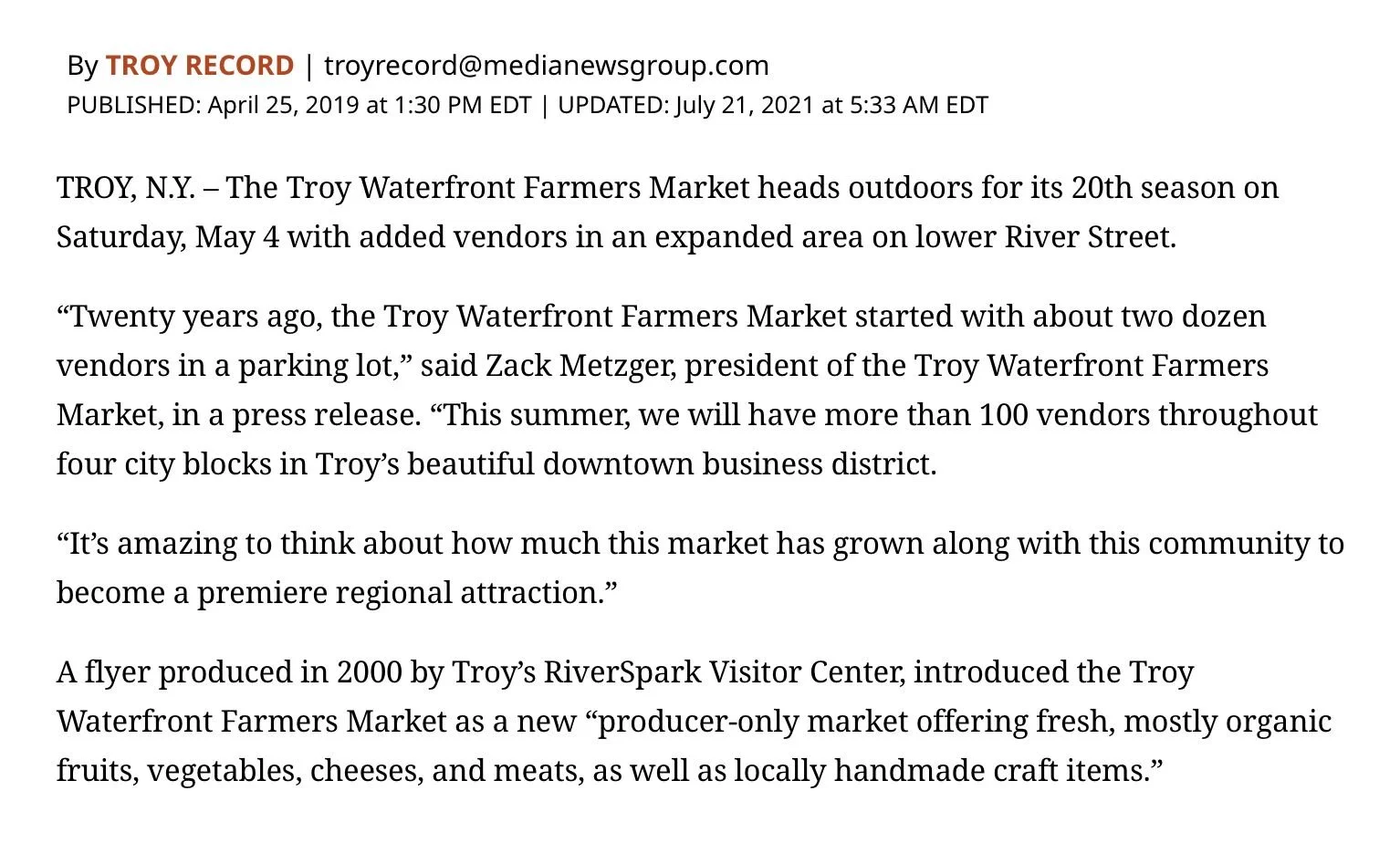 The Record website, April 25, 2019: opening of the story on the market's 20th outdoor season, quoting market president Zack Metzger.