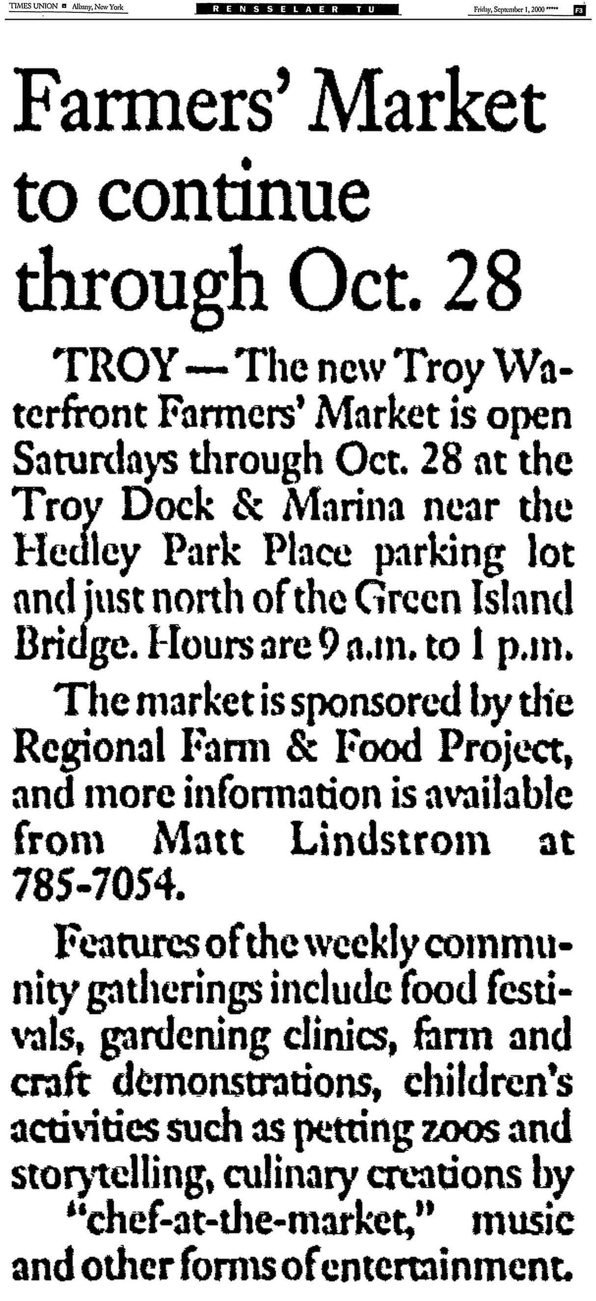 Times Union clipping, September 1, 2000, Rensselaer TU: “Farmers’ Market to Continue Through Oct. 28,” about the Troy Waterfront Farmers Market in Troy.