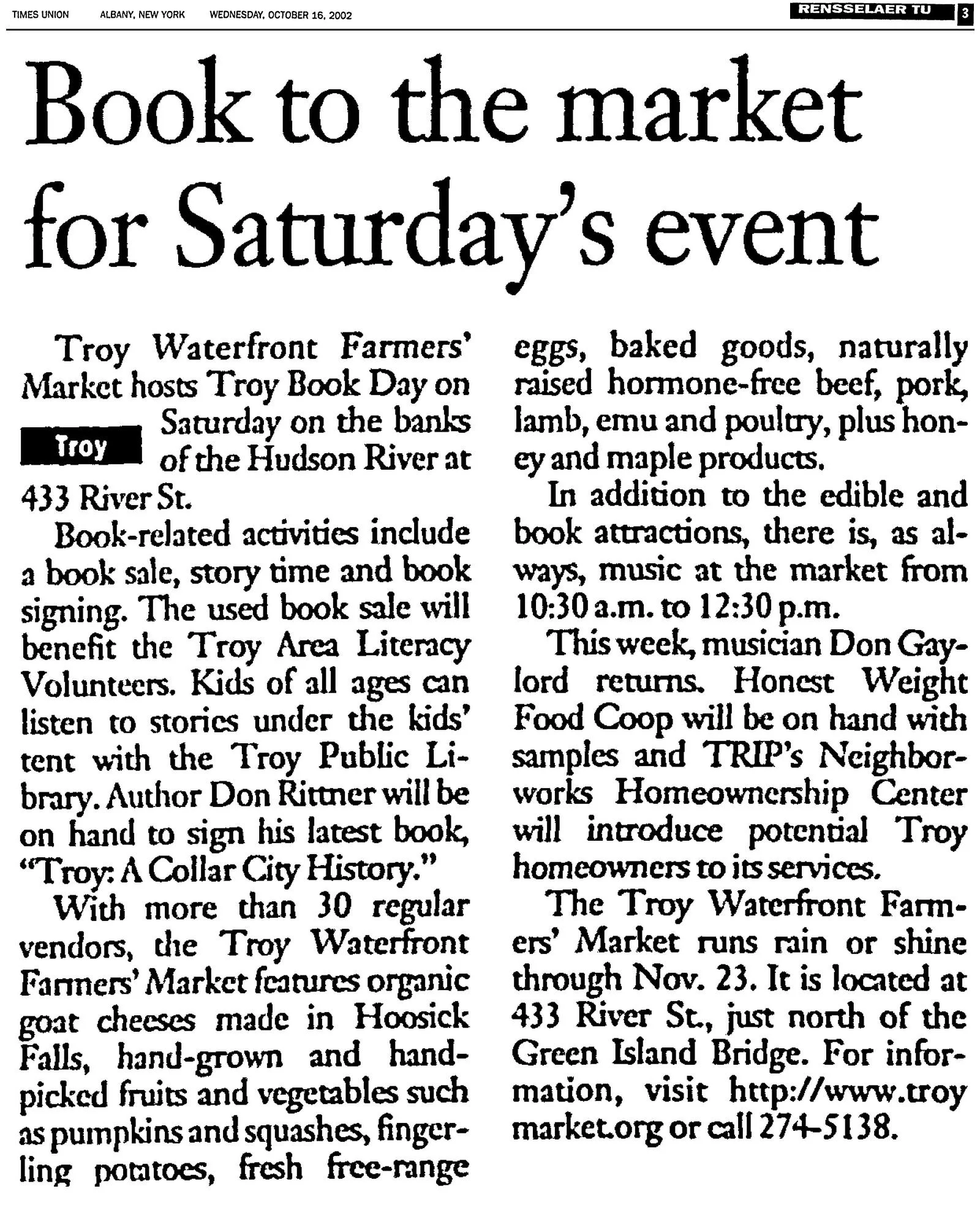 Times Union clipping, October 16, 2002, Rensselaer TU, p. 3: “Book to the Market for Saturday’s Event,” about the Troy Waterfront Farmers Market in Troy.