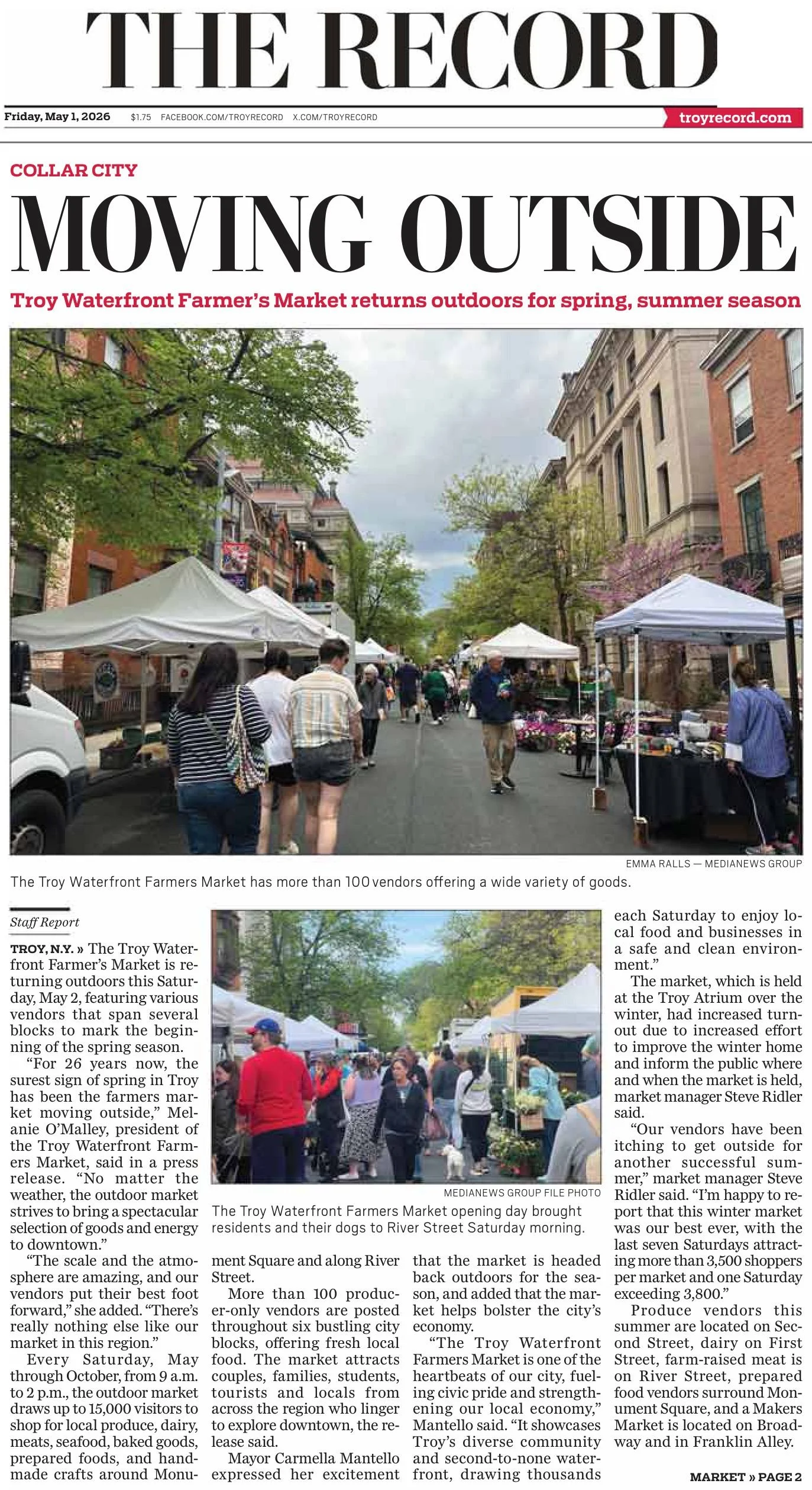 The Record front page, Friday, May 1, 2026: “Moving Outside” (staff report), with a photo of shoppers among vendor tents on a downtown street, and a file photo of residents and dogs on River Street.