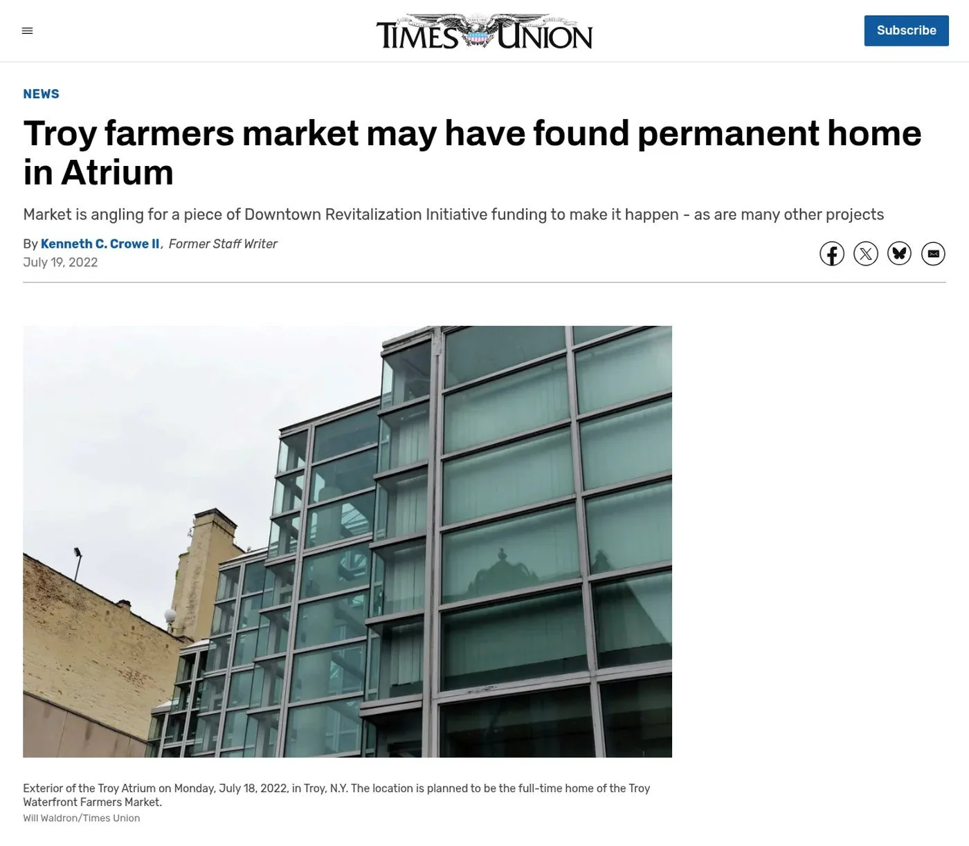 Times Union website, July 19, 2022: ‘Troy farmers market may have found permanent home in Atrium’ by Kenneth C. Crowe II
