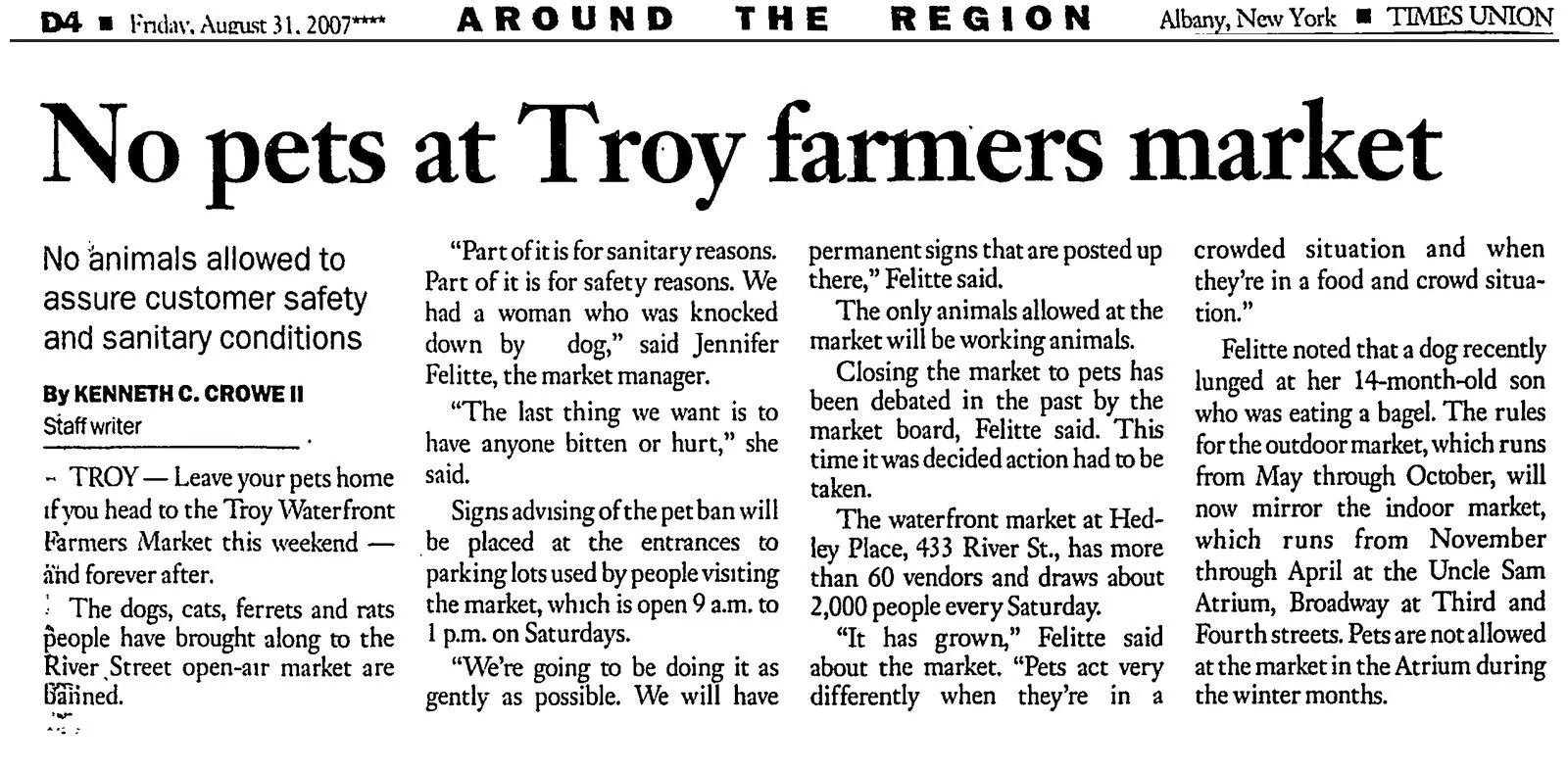 Times Union clipping, August 31, 2007: “No Pets at Troy Farmers Market,” about the Troy Waterfront Farmers Market in Troy.