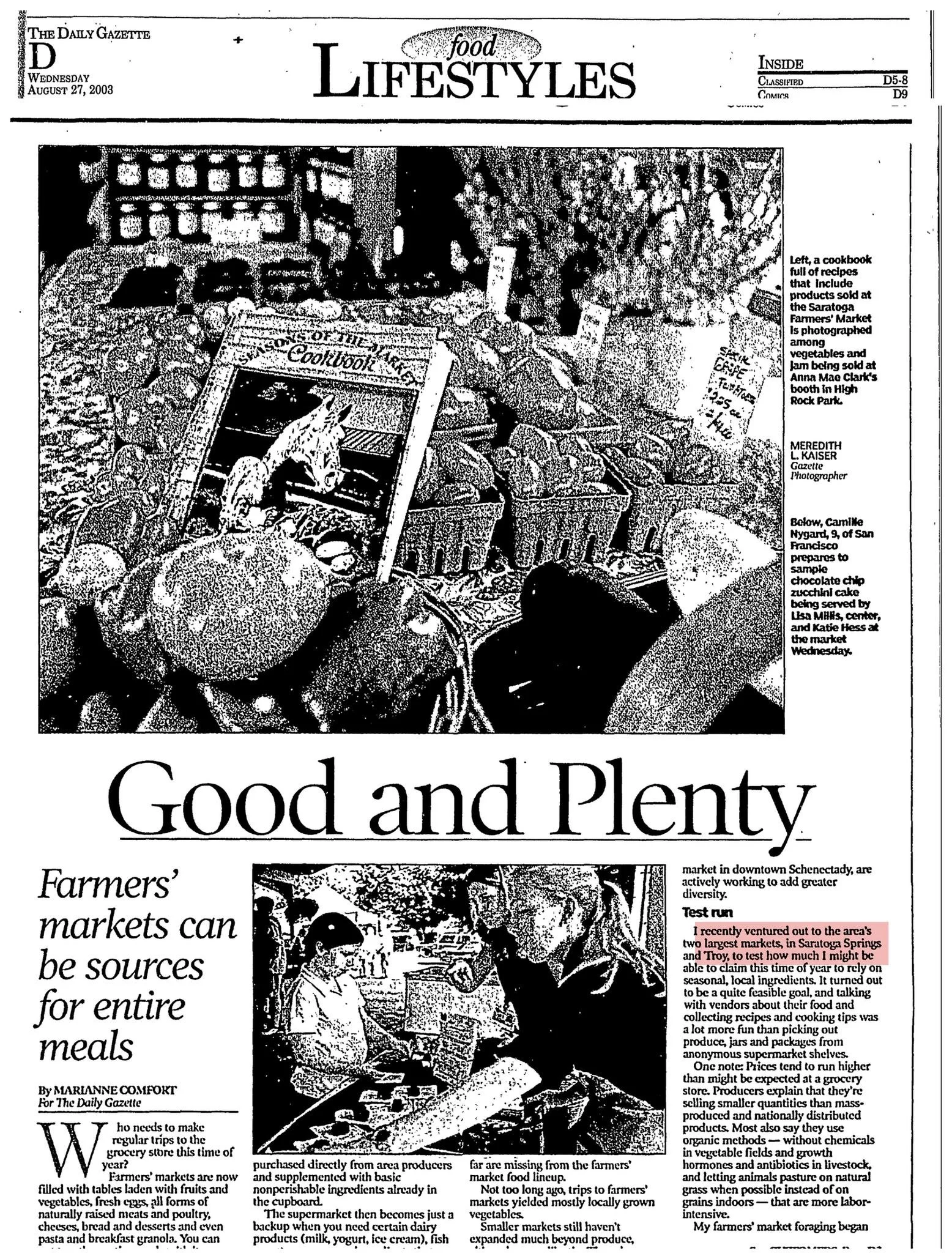 The Daily Gazette Food/Lifestyles front, August 27, 2003, page D1: “Good and Plenty: Farmers’ markets can be sources for entire meals” by Marianne Comfort, with photos from the Saratoga Farmers’ Market; the mention of the Troy market is highlighted.