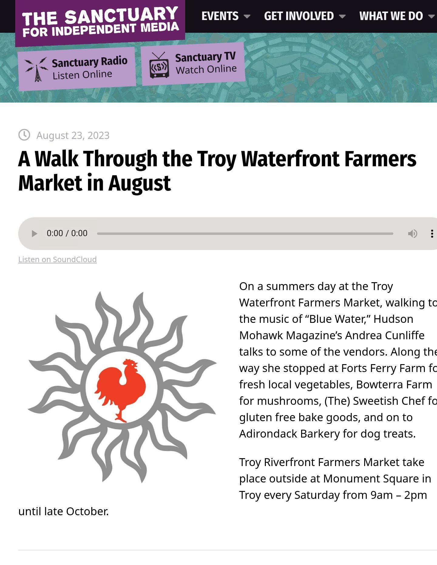 The Sanctuary for Independent Media website, Aug. 23, 2023: ‘A Walk Through the Troy Waterfront Farmers Market in August,’ with the story’s audio player (9:39), its artwork and the outlet’s description.