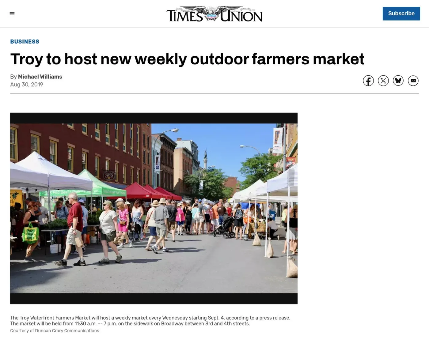 Times Union website, Aug. 30, 2019: ‘Troy to host new weekly outdoor farmers market’ by Michael Williams