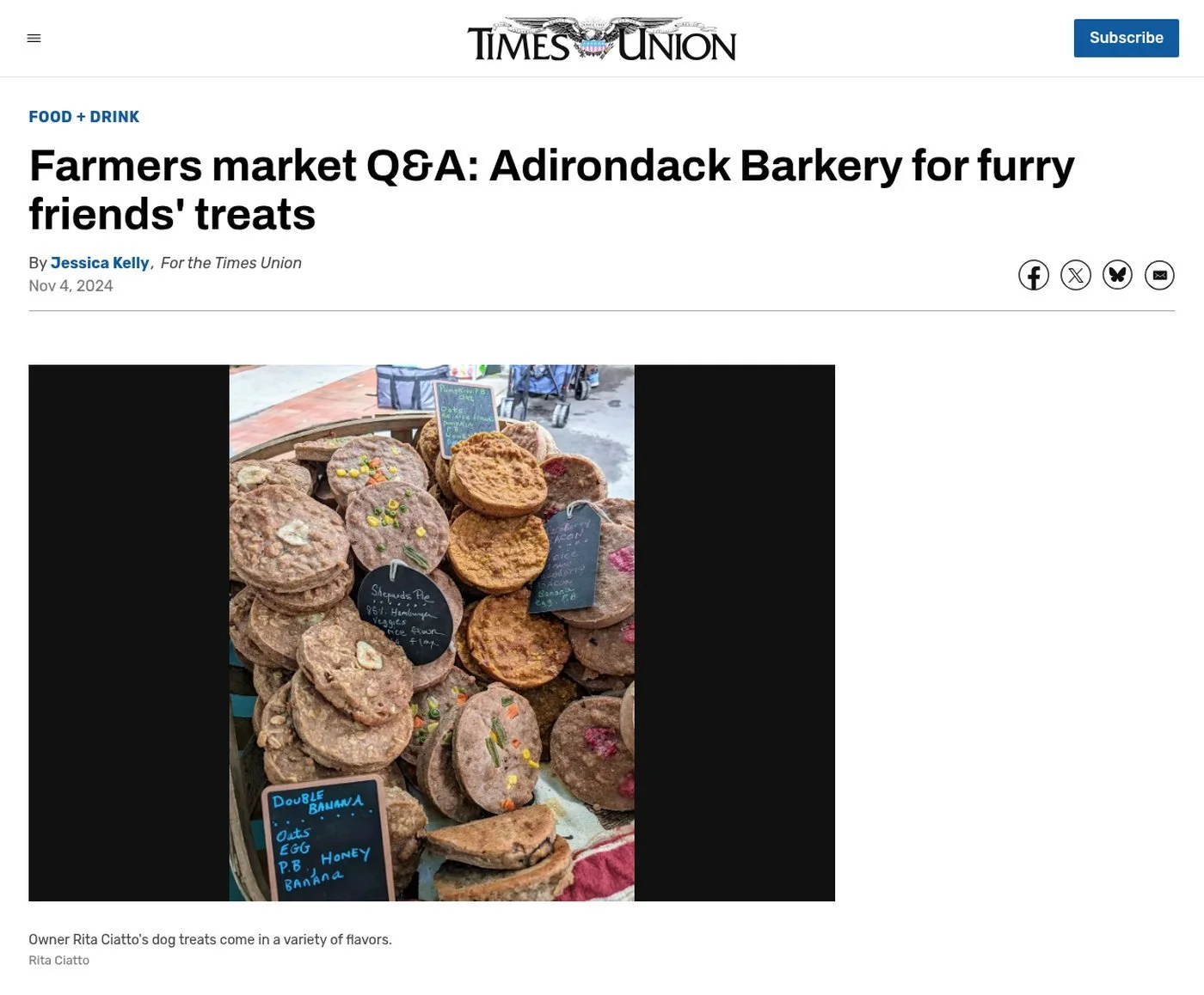 Times Union website, Nov. 4, 2024: ‘Farmers market Q&A: Adirondack Barkery for furry friends' treats’ by Jessica Kelly