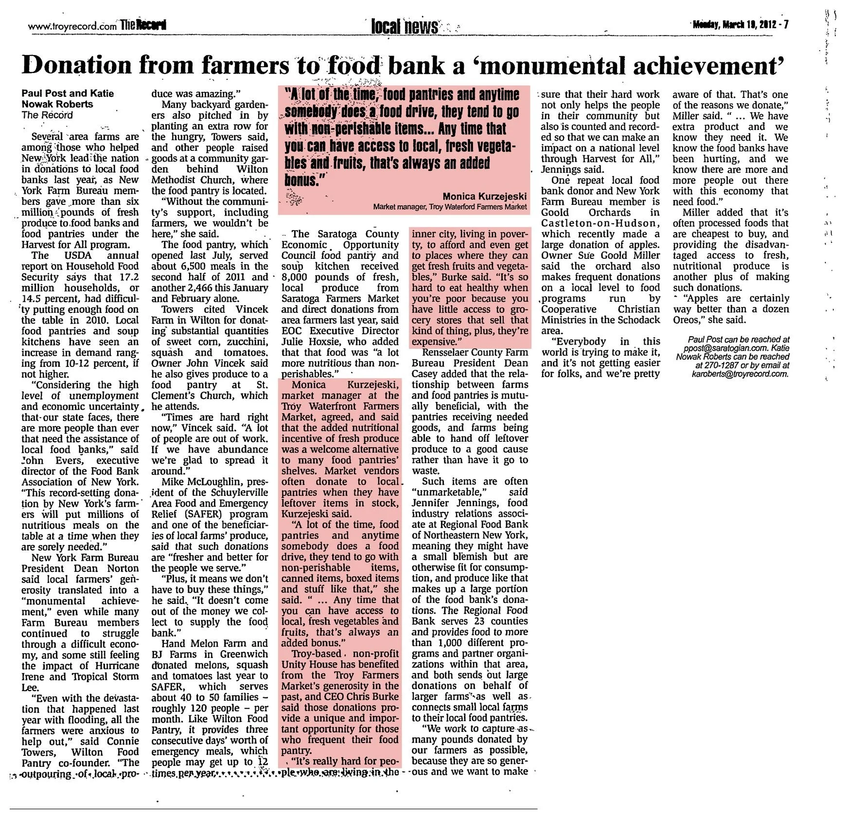 The Record, Monday, March 19, 2012, local news page 7: “Donation from farmers to food bank a ‘monumental achievement’” by Paul Post and Katie Nowak Roberts, with the passages quoting Troy Farmers Market manager Monica Kurzejeski highlighted.