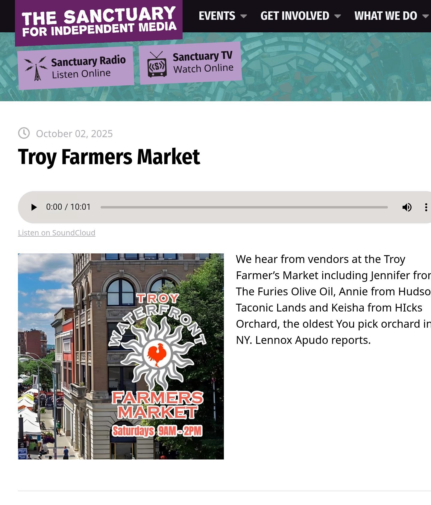 The Sanctuary for Independent Media website, Oct. 2, 2025: ‘Troy Farmers Market,’ with the story’s audio player (10:01), its artwork and the outlet’s description.