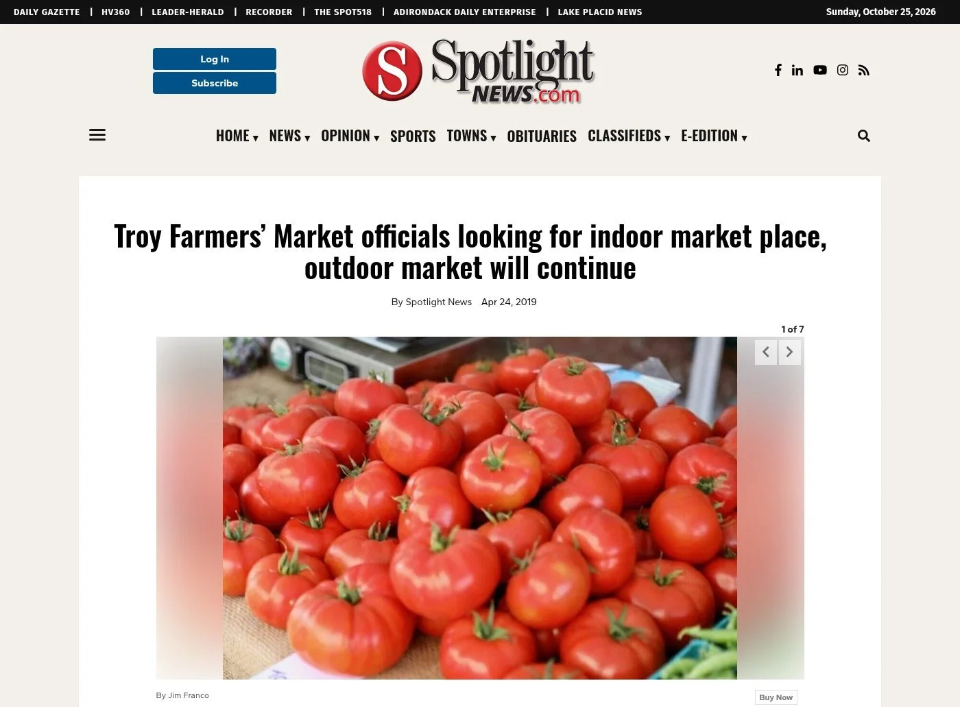 Spotlight News, Apr. 24, 2019: 'Troy Farmers’ Market officials looking for indoor market place, outdoor market will continue' by Spotlight News, with a photo by Jim Franco of a pile of red tomatoes at a vendor's table, first of a seven-photo gallery.