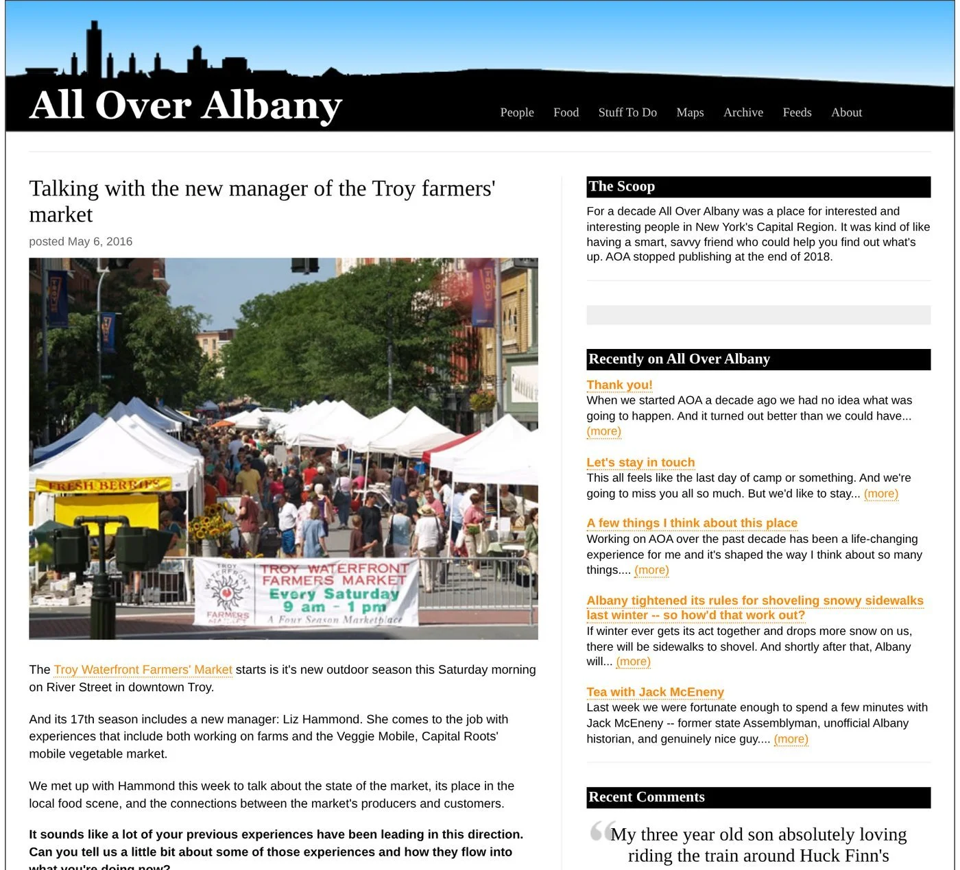 All Over Albany website, May 6, 2016: ‘Talking with the new manager of the Troy farmers’ market’, with a photo of Liz Hammond
