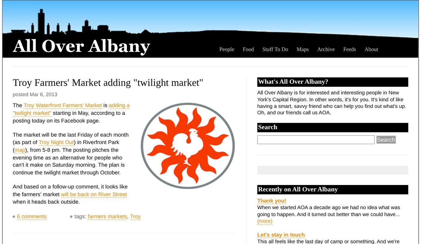 All Over Albany website, March 6, 2013: ‘Troy Farmers’ Market adding “twilight market”’
