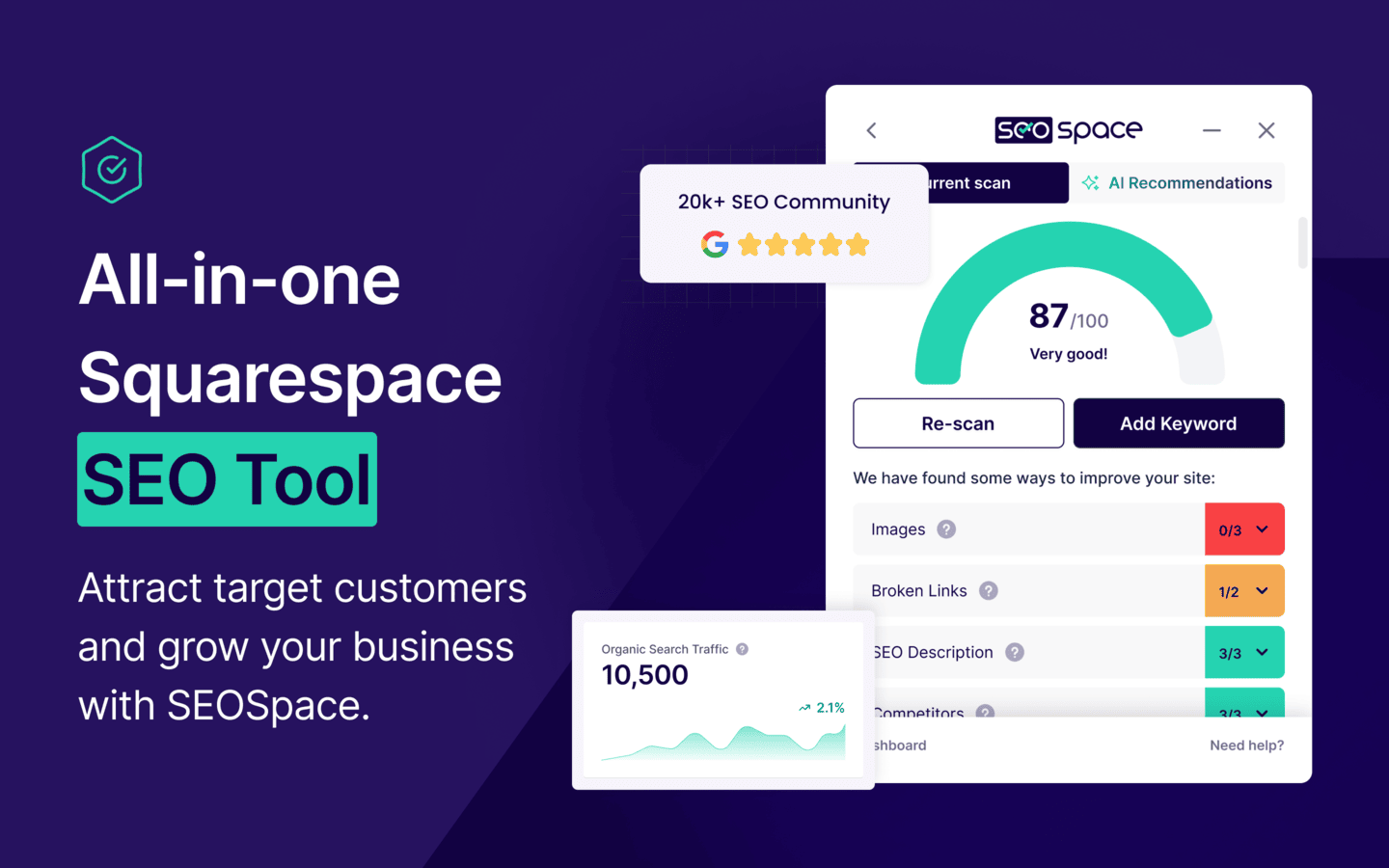 SEOspace Squarespace SEO tool dashboard interface.