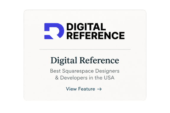 Digital Reference logo with text promoting top Squarespace designers and developers in the USA, and a 'View Feature' link.