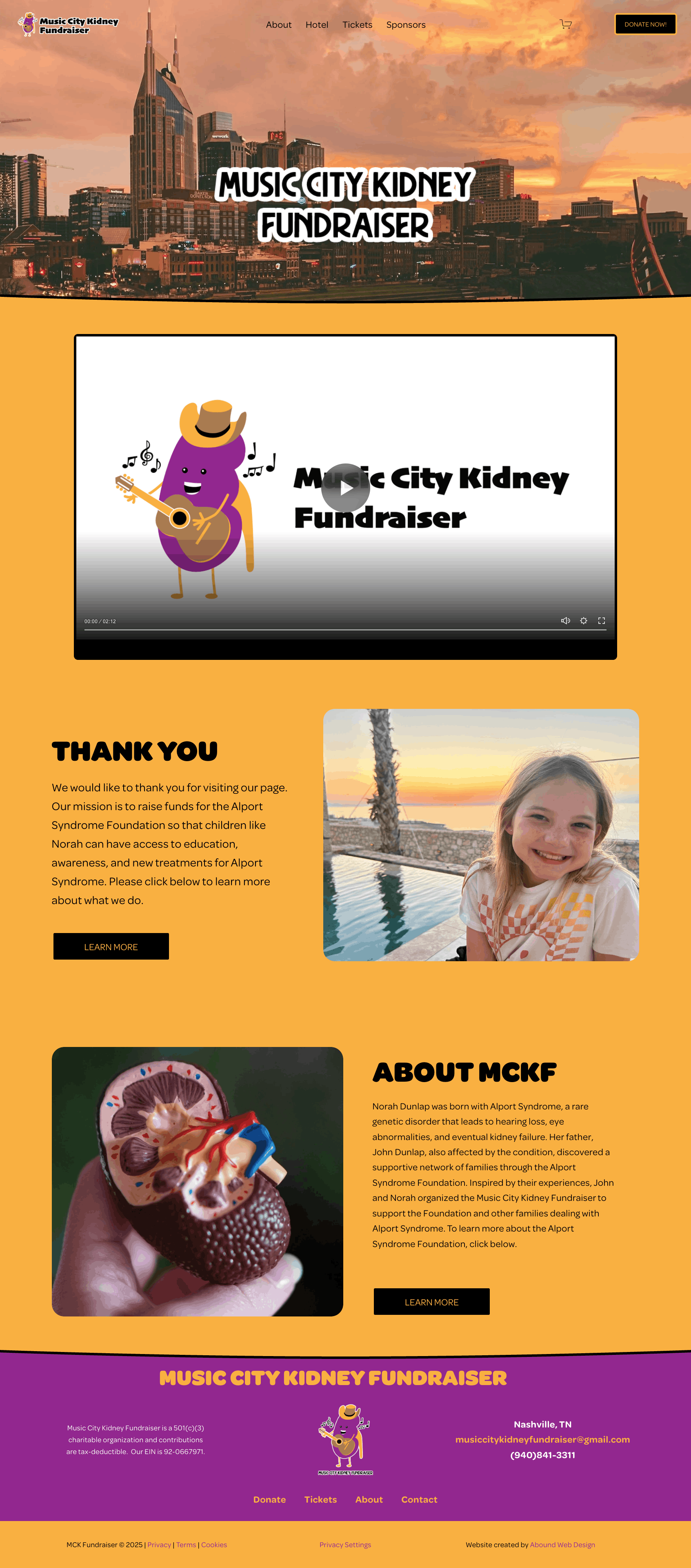full page screenshot of the homepage of the Music City Kidney Fundraiser homepage