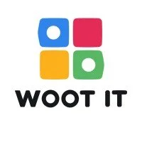 Cuatro bloques de colores (azul, rojo, amarillo y verde) con la frase "WOOT IT" debajo