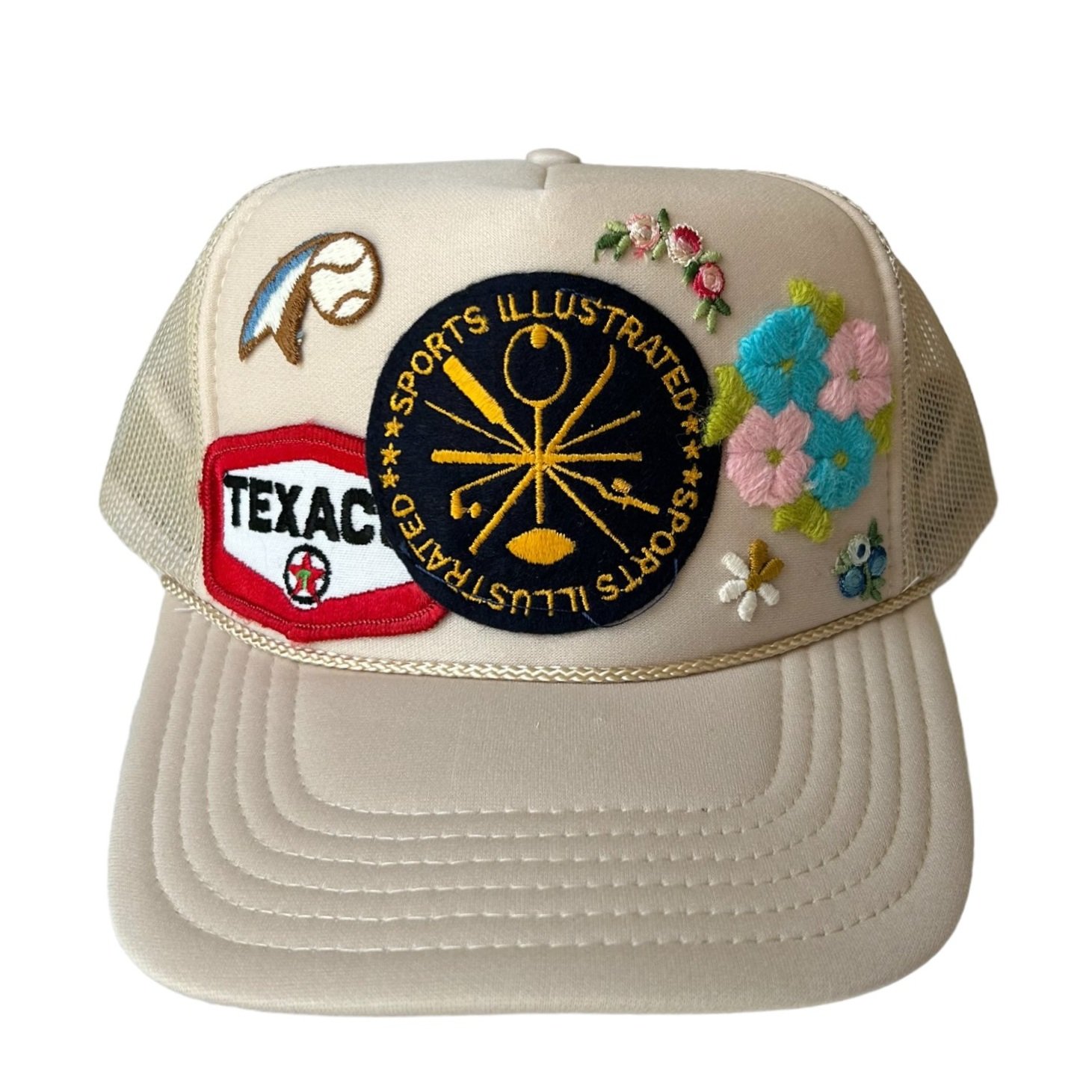 GodLuckCo Tan Trucker Hat with Embroidered Patches patchy hat 032 — God Luck main image 4