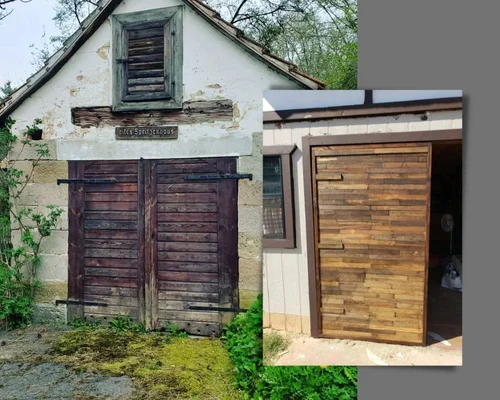 Side-by-side comparison of the old Strössendorf fire station door and our new wooden door.