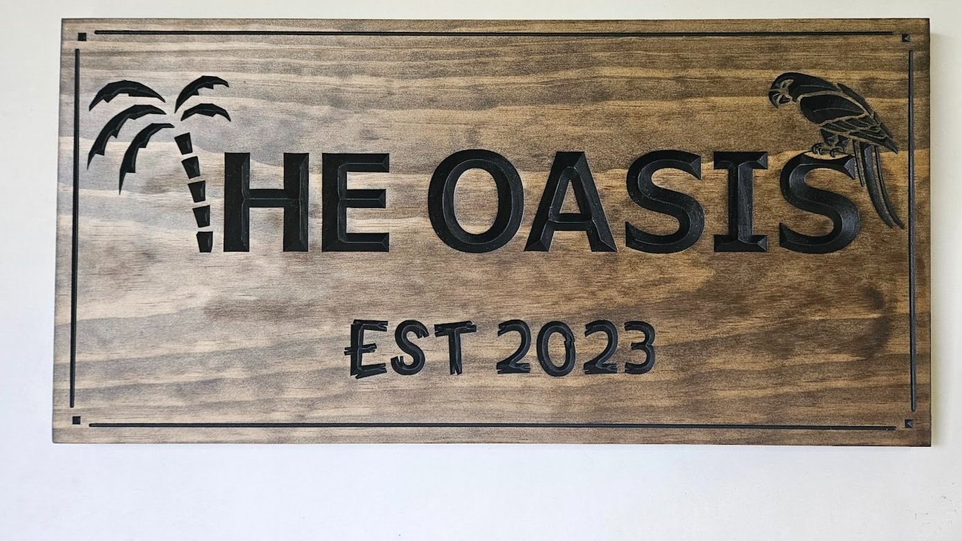 The oasis - palm tree and parrot outdoor backyard sign