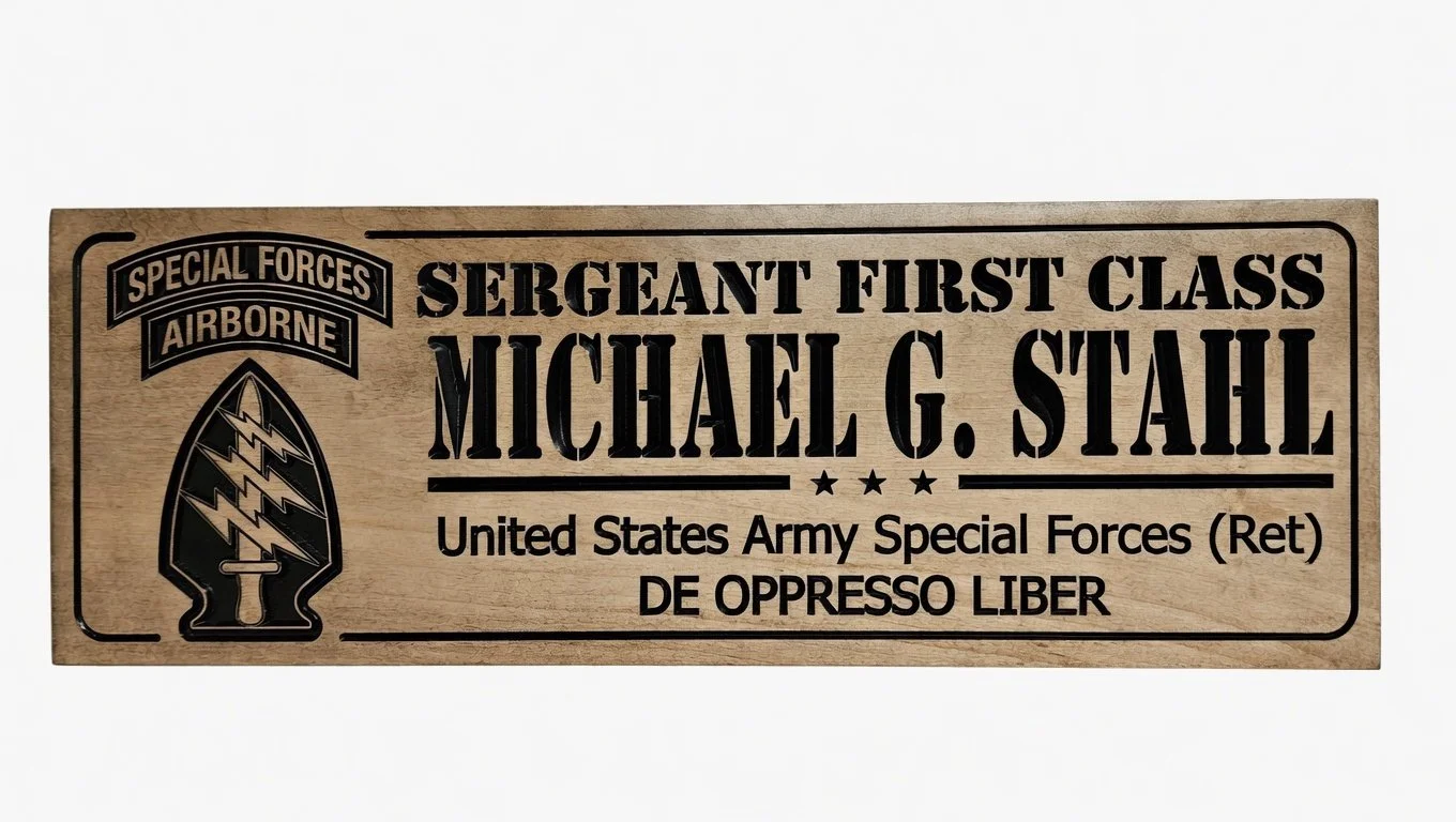 Honoring a True American Hero: Custom 23x8 Maple Military Plaque for Sergeant First Class Michael G. Stahl, US Army Special Forces (Retired)