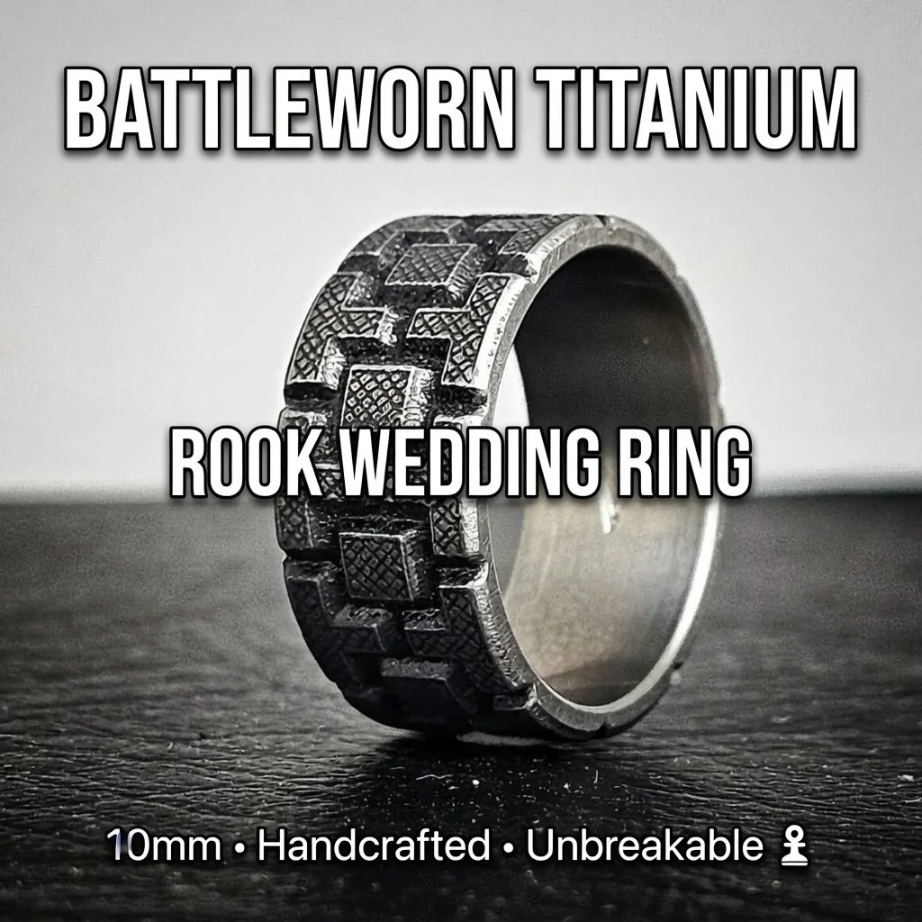 The Ultimate Groom’s Ring: Battleworn Titanium Rook Wedding Band – Strength, Strategy, and Style