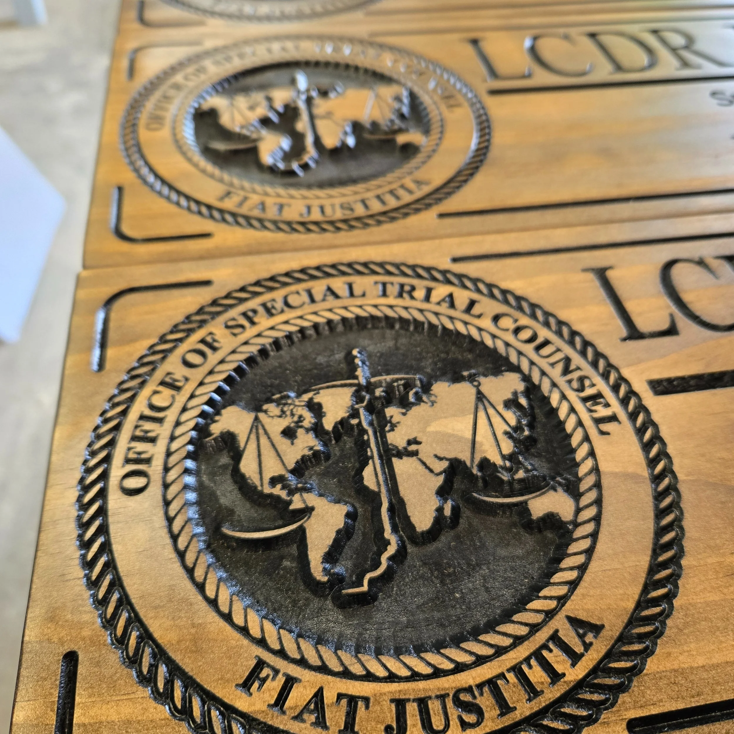 Justice Carved in Wood ⚖️
Honoring the Plank Owners of the Office of Special Trial Counsel (OSTC). These handcrafted plaques showcase the official emblem &mdash; a globe with scales of justice and sword &mdash; under the powerful motto &ldquo;FIAT JU
