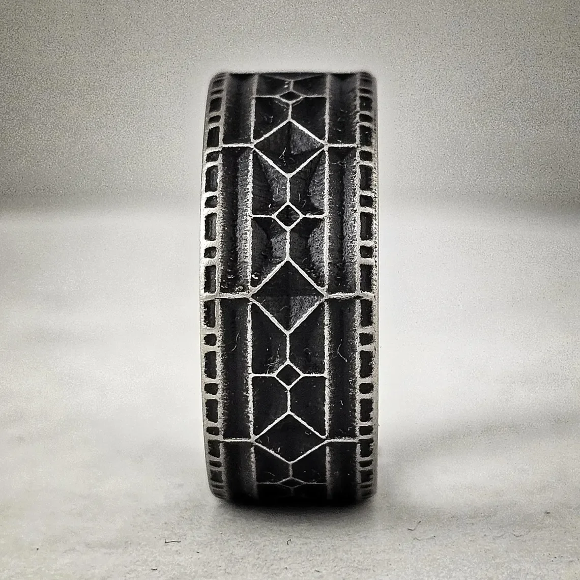 Battleworn Titanium Viking Wedding Ring - 9mm Rampart Design (1).webp