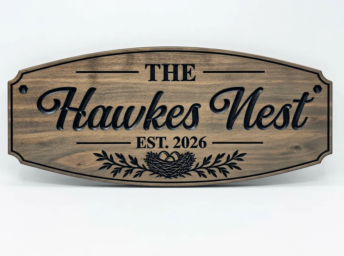 Personalized Family Name Sign with Bird Nest – Custom Carved Wood “The [Name] Nest” Est. Sign, Housewarming & Wedding Gift