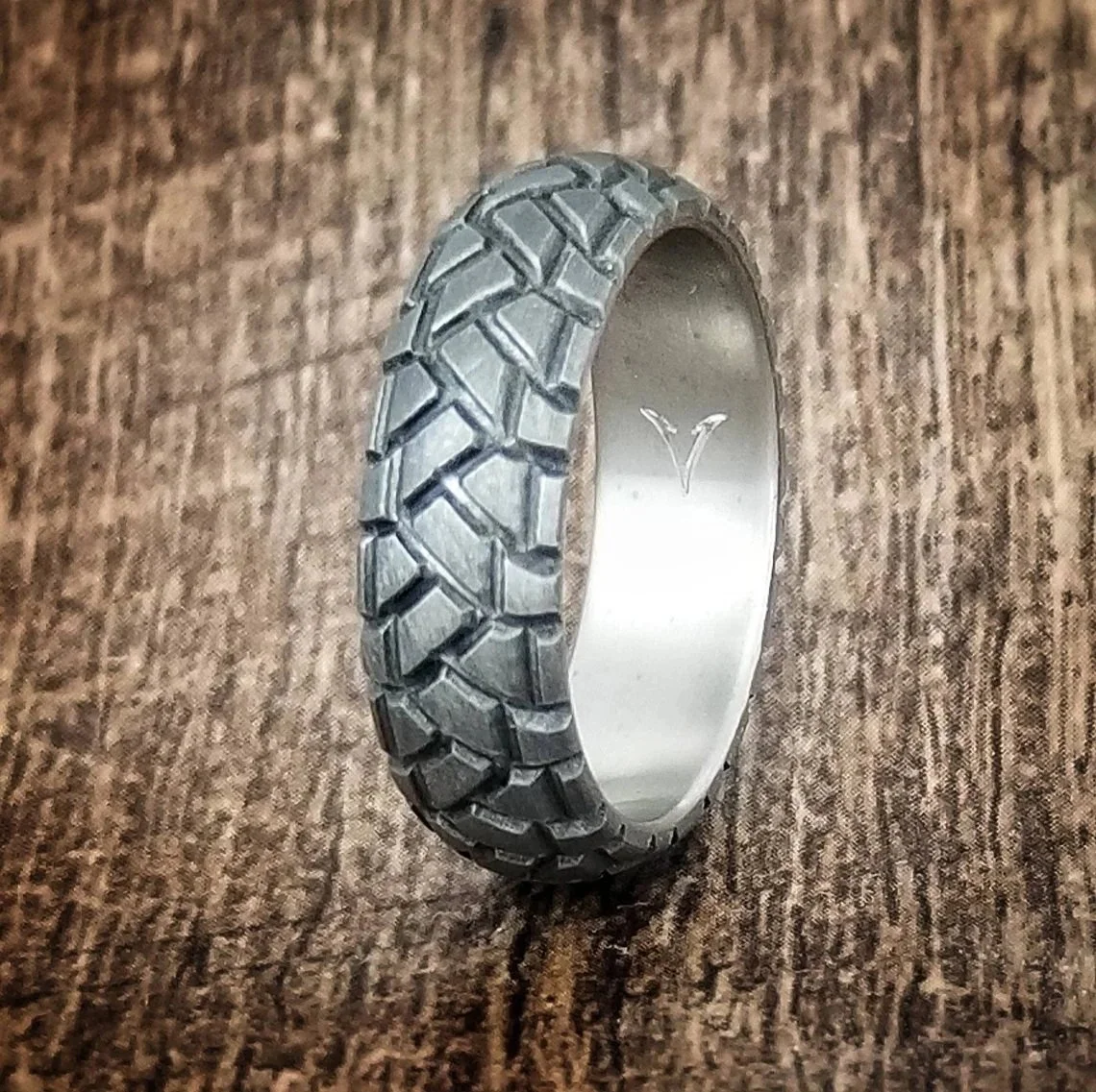 Dual Sport, Titanium tread ring. 7mm wide, Strong, Light Weight, Wedding Ring, Comfort fit, Durable Finish, Motorcycle ring (R-60)