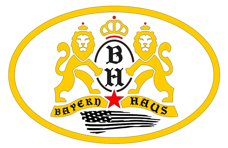 Bayern Haus logo: two golden lions holding a shield with BH initials, a crown, a red star and an American flag.