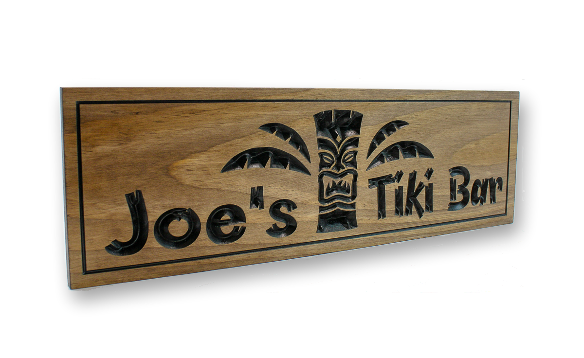 Hand Carved Wooden Tiki Bar Sign | Custom Tiki Mask & Palm Fronds Wall Plaque for Home Bar (CWD-516)