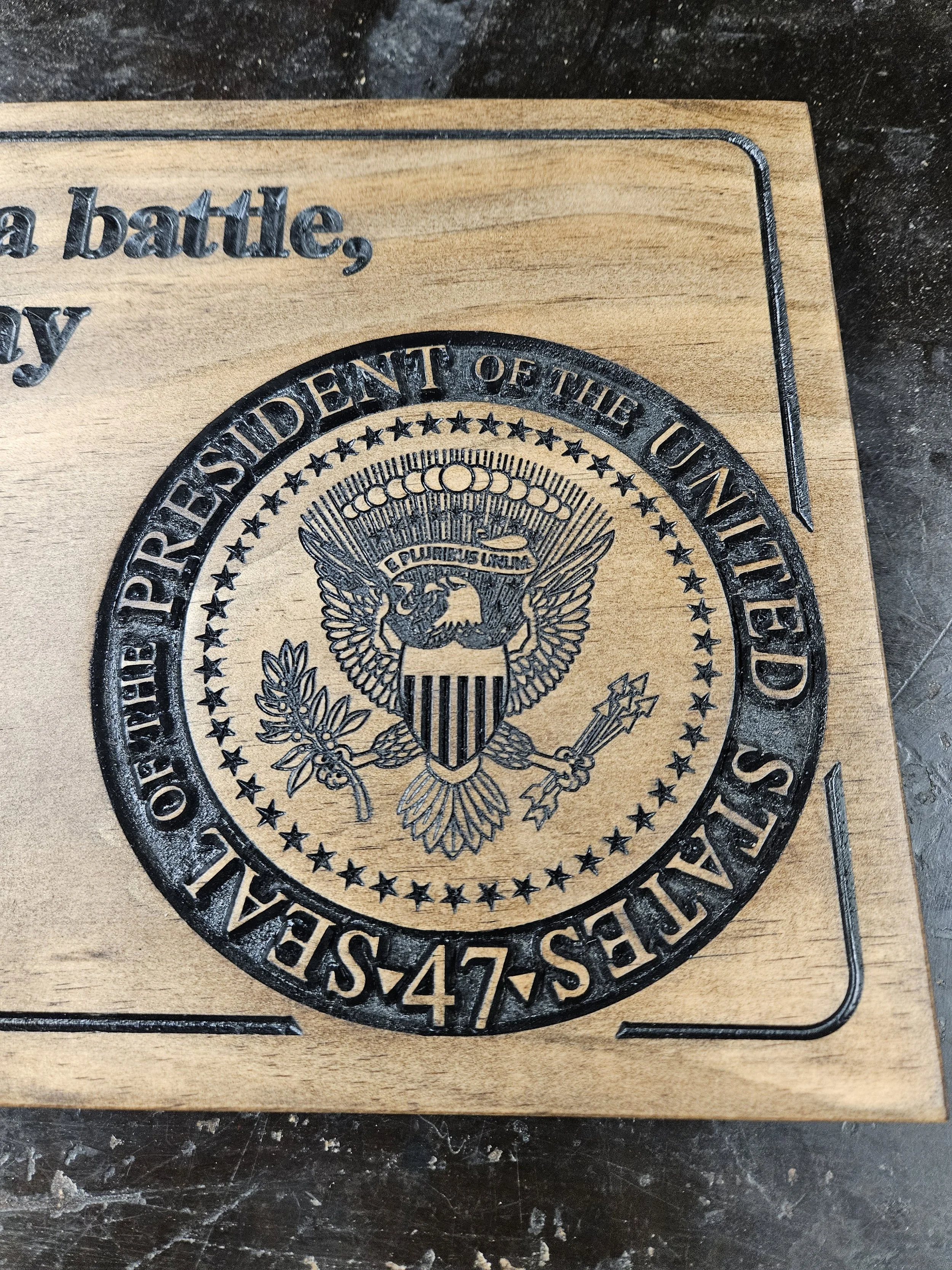 Front view of a 23 x 9 Donald J. Trump wooden wall sign made of pine. Displays a detailed engraved portrait of President Trump, the inspirational quote “Sometimes by losing a battl (2).jpg