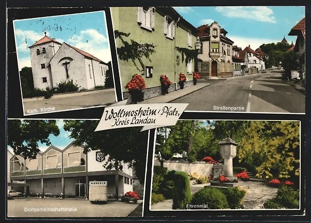 Ansichtskarte von Wollmesheim: Kirche, Dorfstraße, Dorfgemeinschaftshaus und Ehrenmal