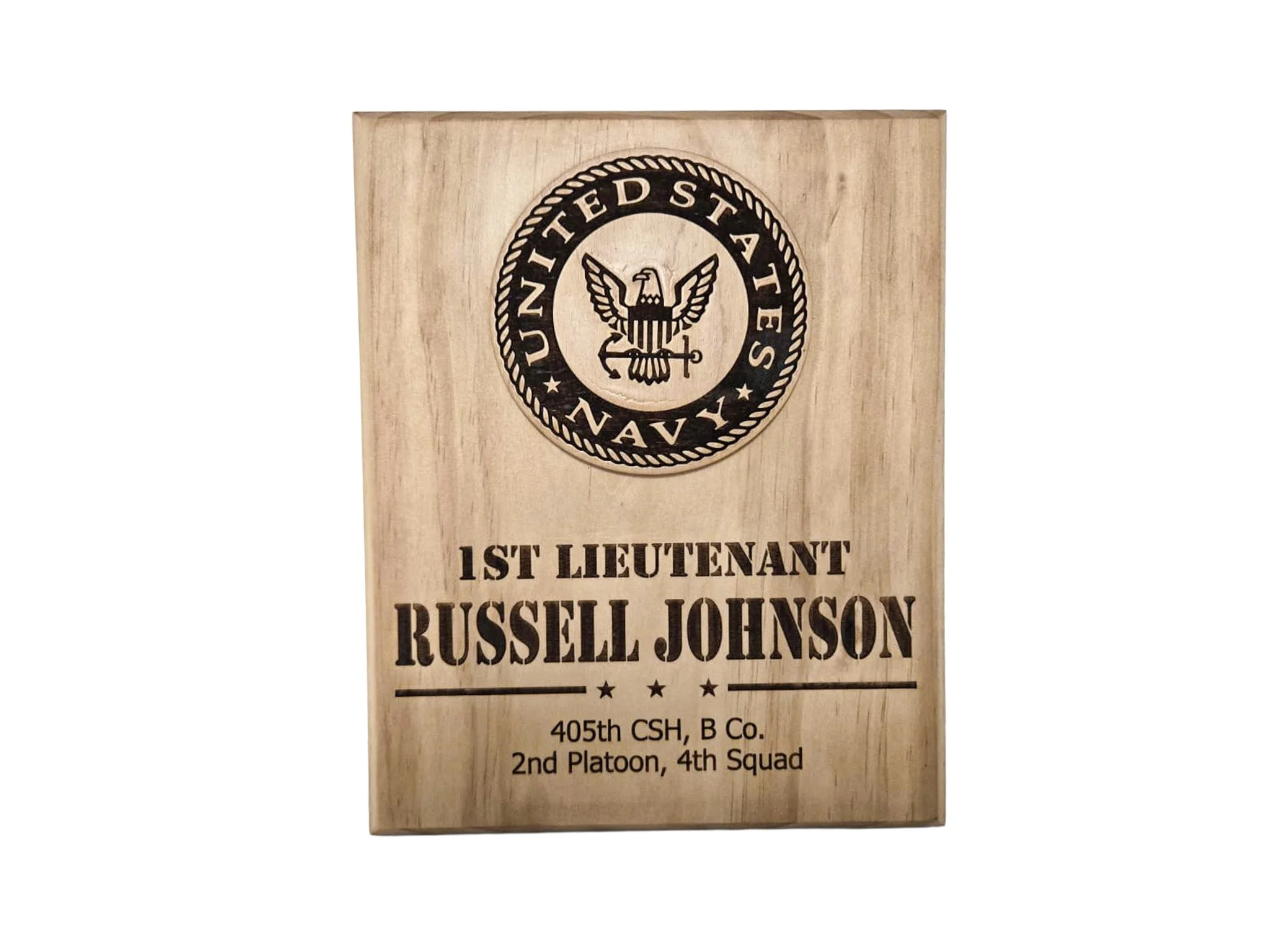 Personalized US Air Force wooden plaque with 5 inch emblem on Golden Pecan pine, military retirement gift