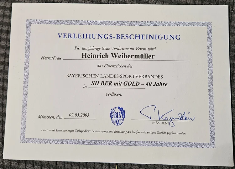 Ehrung für 40 Jahre Treue, Bayerischer Landes-Sportverband, 2003