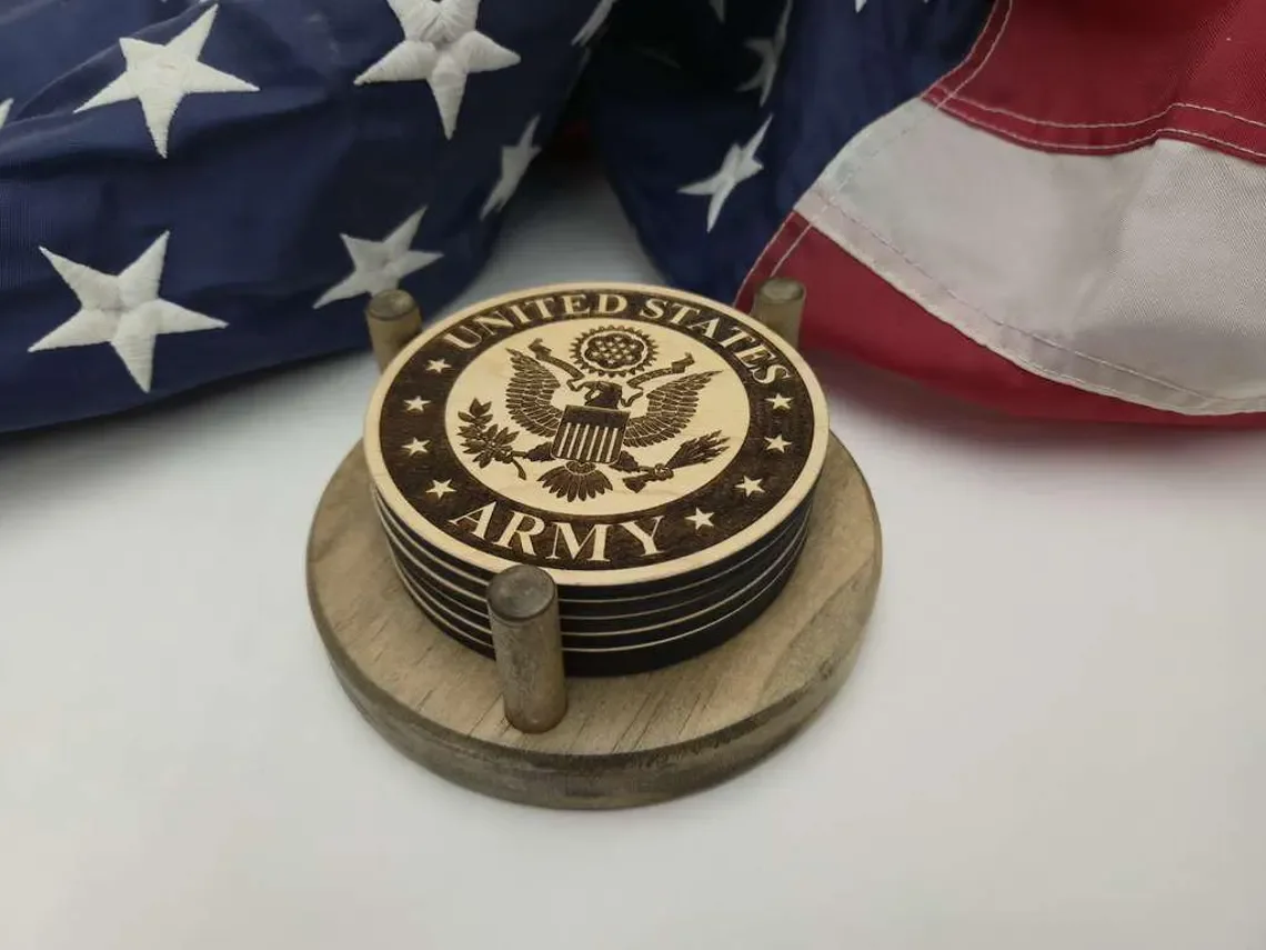 Lasered Coasters - Wooden Coasters with Holder - Military (L-14) (2).webp