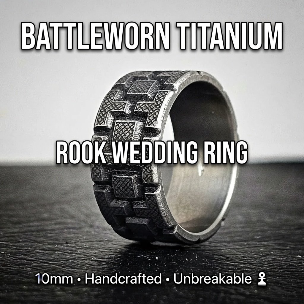 "Battleworn titanium rook wedding ring, 10mm wide, geometric pattern