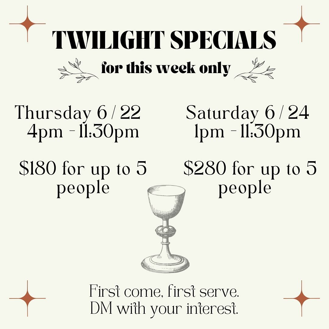Hi folks! We&rsquo;ll be setting up a newsletter soon so you can get advanced notice about last-minute openings and deals like this one!

For this week *only*, we&rsquo;re offering Twilight stays for Thursday 6/22 (today) and Saturday 6/24!

This mea