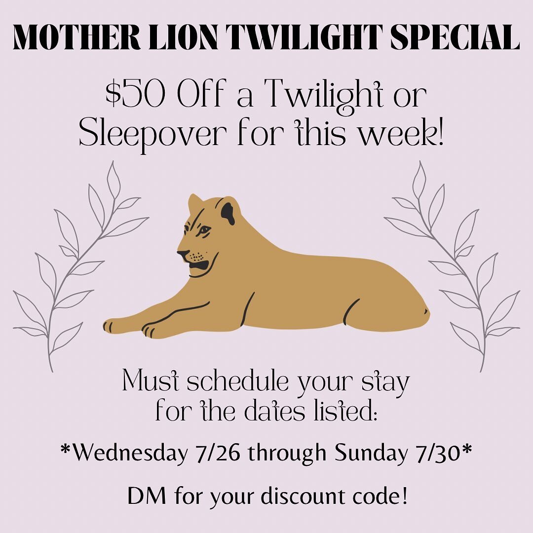 Hiiii! Comin&rsquo; atcha with a special for this week!

$50 off a Sleepover or Twilight! 

Must be used towards booking between this Thursday 7/26 and this Sunday 7/30. 

For example, even if you book during that timeframe, the discount is not avail