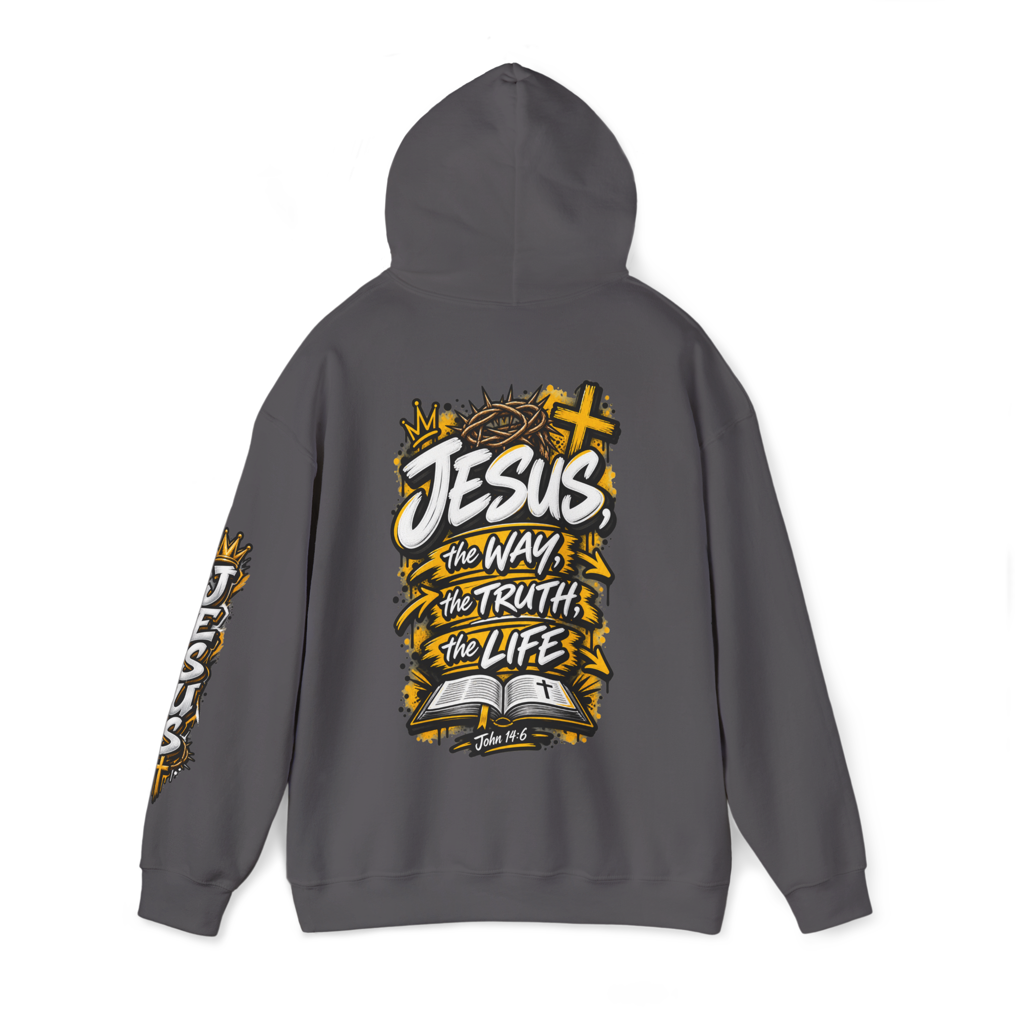 Unisex hoodie with bold yellow and white graffiti art featuring a crown of thorns, a cross, an open Bible, and the text 'Jesus, The Way, The Truth, The Life'.